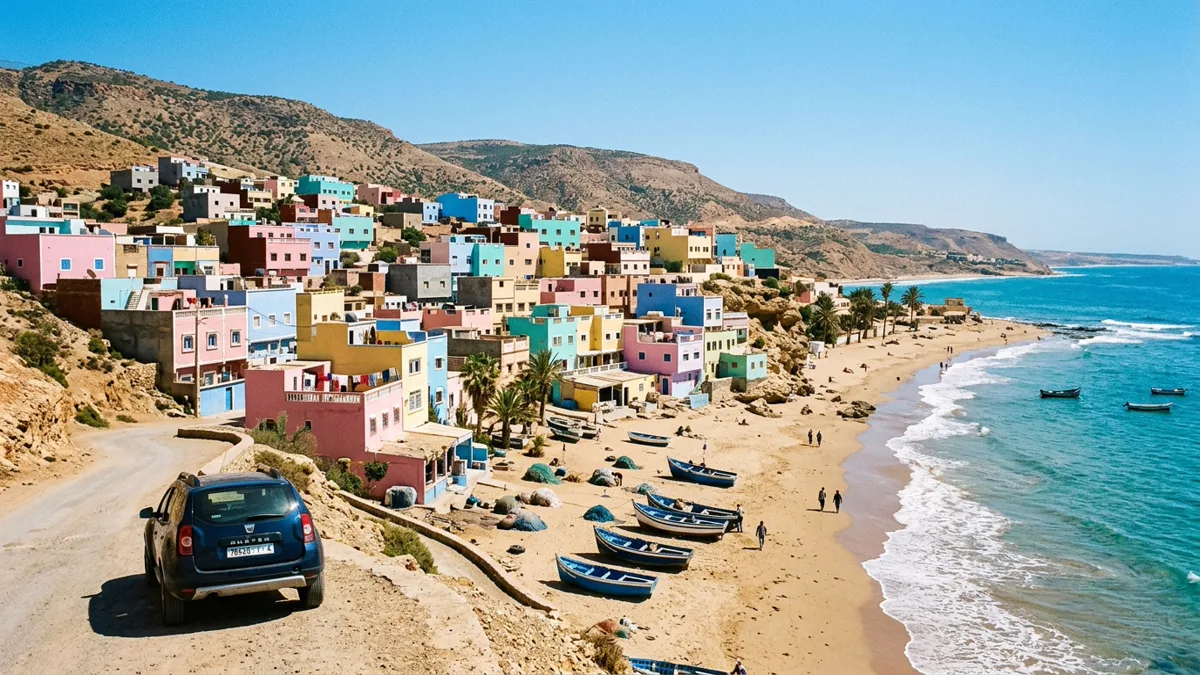 Vibrant pastel painted fisherman cottages along the sandy shore of Aghroud beach near Taghazout Morocco