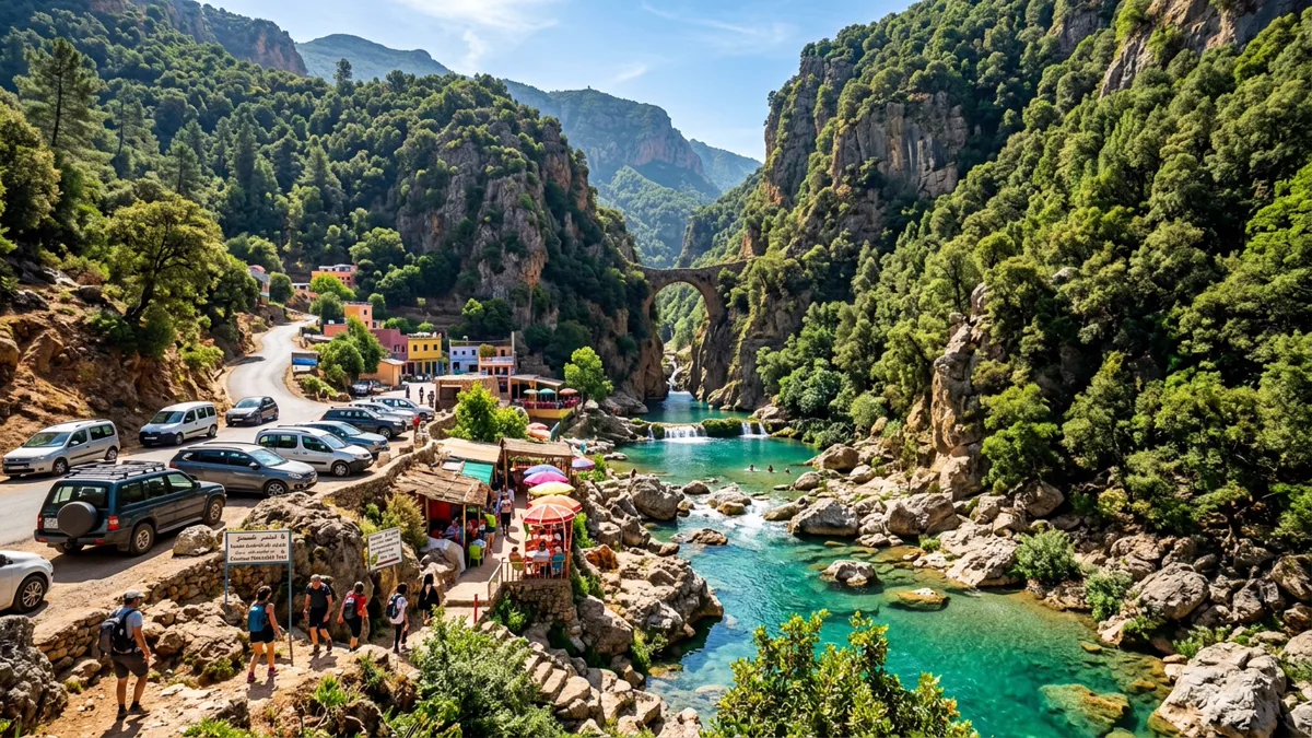 Akchour river gorge with turquoise swimming pools natural stone bridge and riverside cafes in the Rif mountains Morocco
