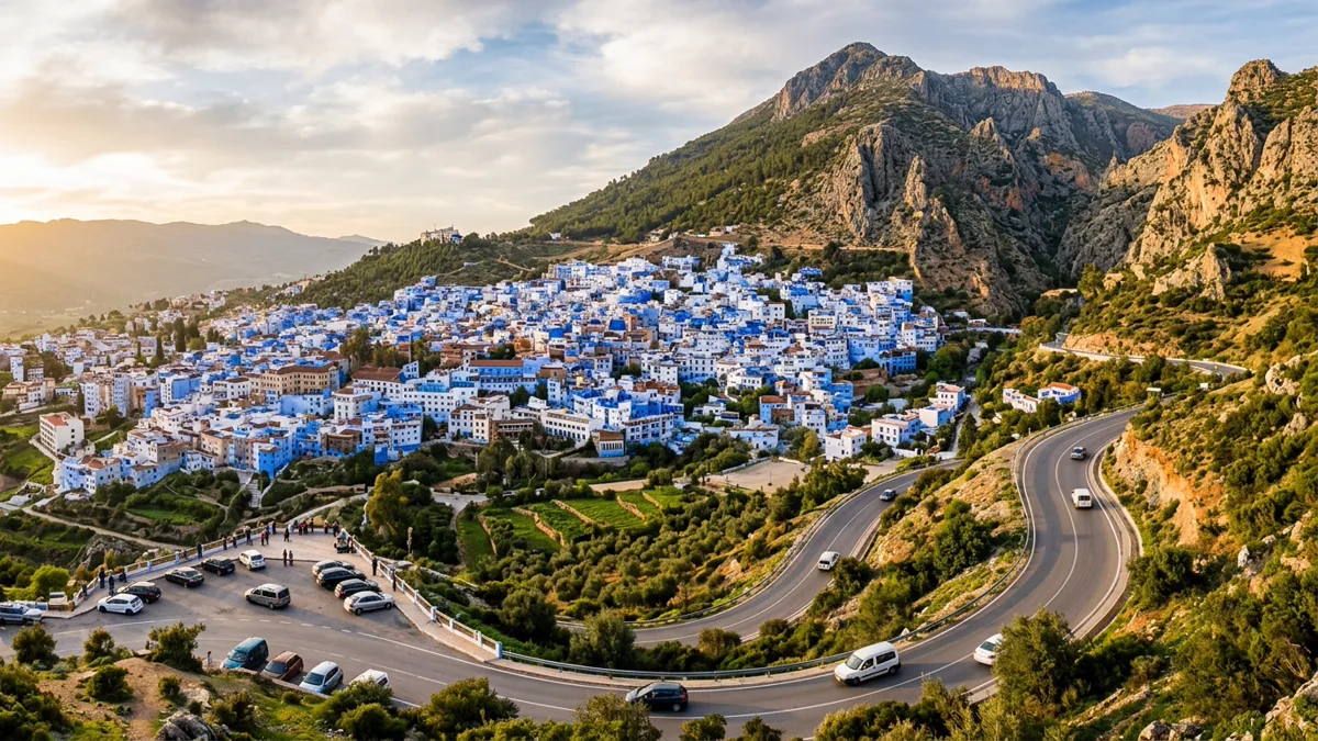 Panoramic view of Chefchaouen the Blue Pearl mountain village in Morocco with hillside access road and parking