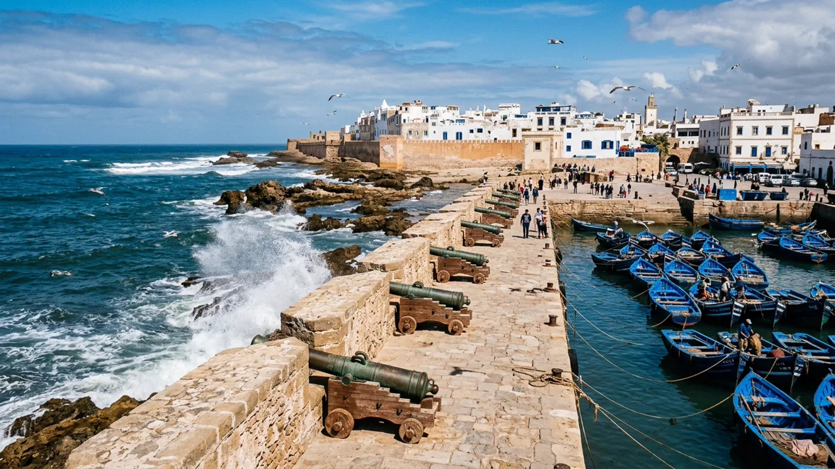 Historic ocean sea ramparts of Skala de la Ville with bronze cannons and blue fishing boats in Essaouira Morocco