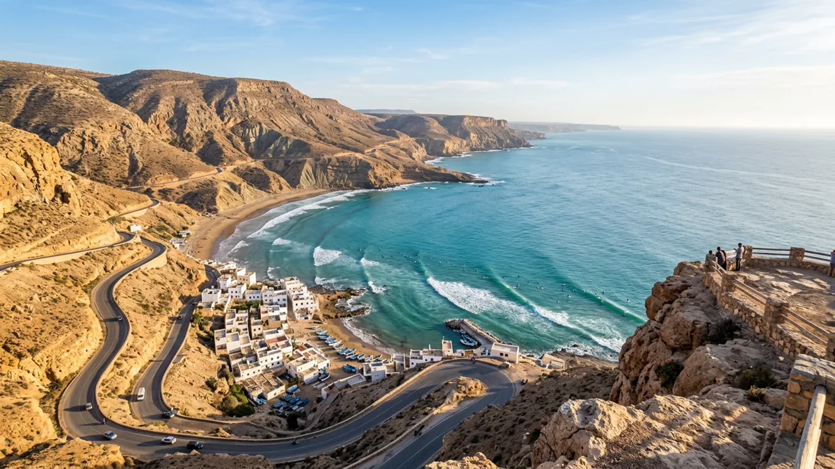 High cliff mirador looking down on Imsouane horseshoe bay and winding mountain road in Morocco