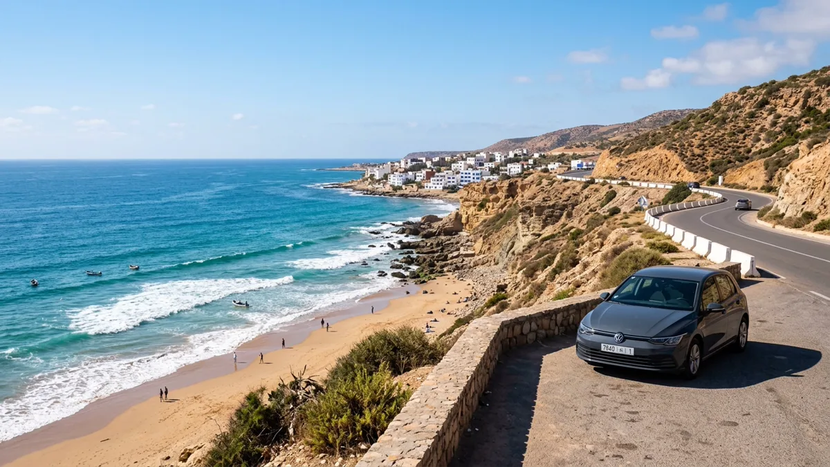 N1 coastal road overlooking turquoise Atlantic ocean waves and Taghazout Bay near Agadir Morocco