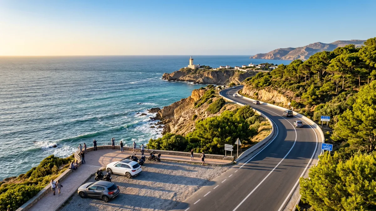 Winding paved coastal scenic highway leading to Cap Spartel lighthouse overlooking Atlantic ocean in Tangier Morocco