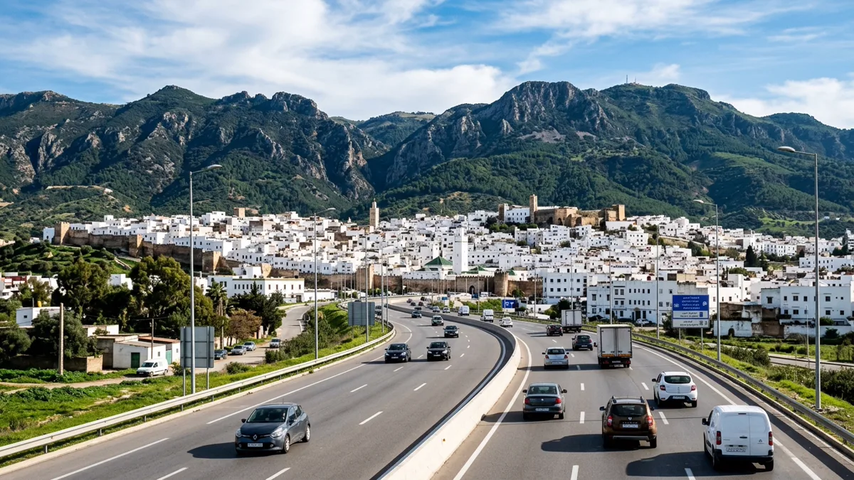 Panoramic view of the whitewashed Andalusian medina of Tetouan nestled below Rif mountain peaks in Morocco