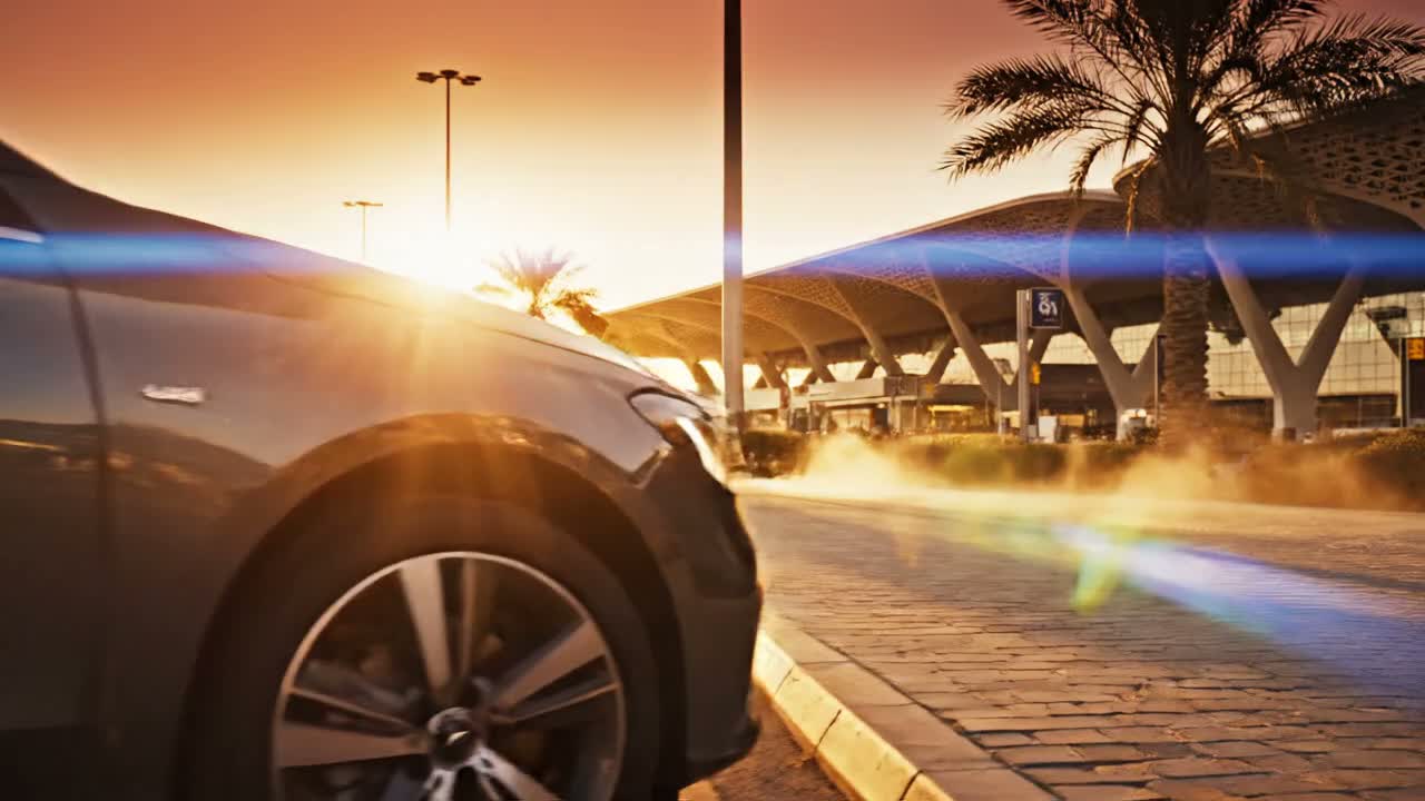 Rental car waiting outside a Moroccan airport terminal at sunset